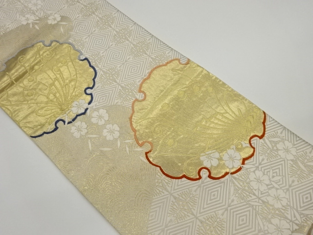 JAPANESE KIMONO / VINTAGE FUKURO OBI / WOVEN FLORAL PLANTS & BUTTERFLY